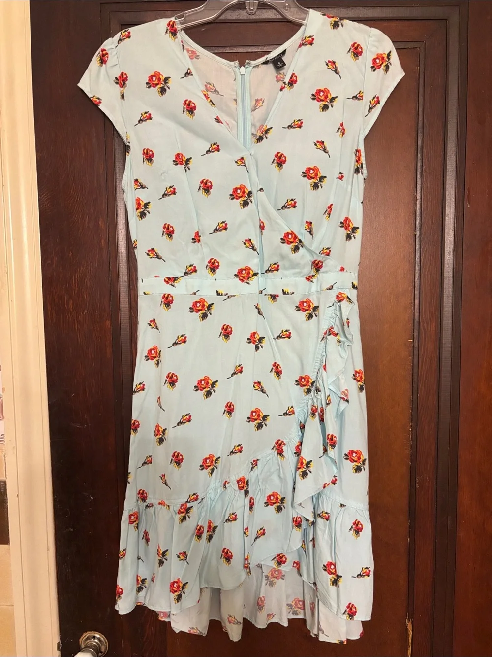 J. Crew Light Blue Midi Dress with Red Floral Print